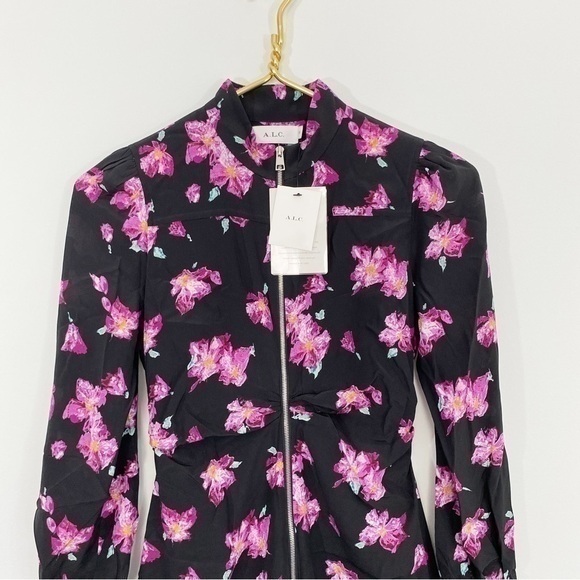 A.L.C.‎ Marcella Silk Black Floral Full Front Zip Mini Dress NWT 00 $550 - Picture 4 of 9